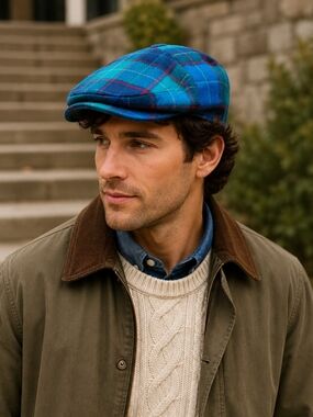 Vintage Pendleton Wool Newsboy Cabbie Cap XL Blue Teal Plaid USA